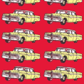 Yellow 1959 Edsel Ranger on red background