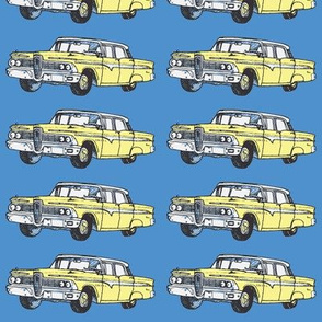 Yellow 1959 Edsel Ranger on blue background