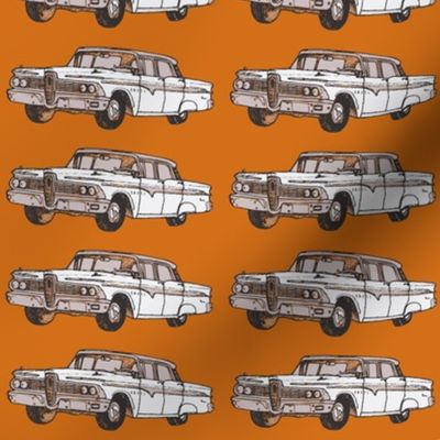 white 1959 Edsel Ranger on rust background