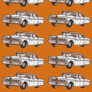 white 1959 Edsel Ranger on rust background