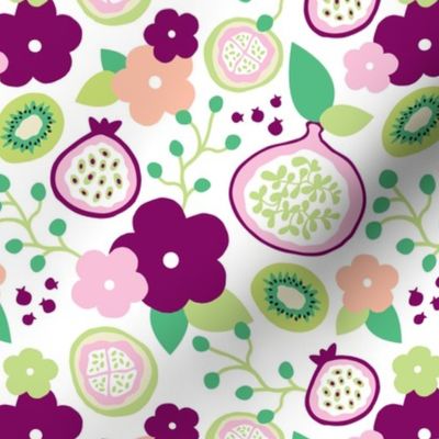 Summer fruit garden tropical flowers passion fruit fig  and dragon kiwi pink green