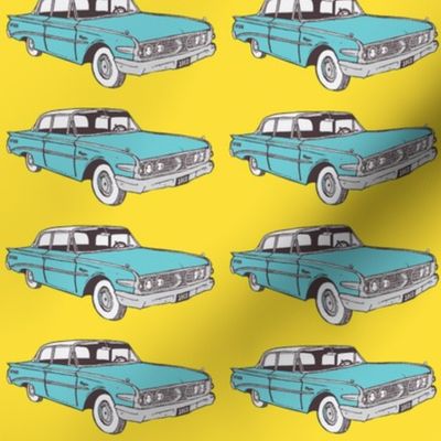 Big 1960 Edsel Ranger in aqua against a yellow background