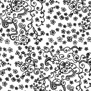 Floral Doodles | Black and White Tiny Flowers and Vines