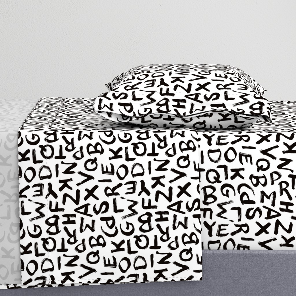 Raw monochrome brush strokes abc alphabet scandinavian abstract style black and white