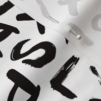 Raw monochrome brush strokes abc alphabet scandinavian abstract style black and white