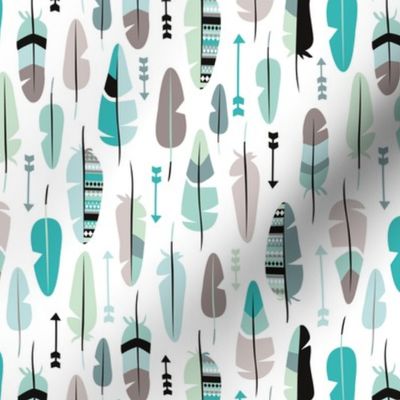 Geometric vintage feathers pastel arrows in mint and blue illustration pattern