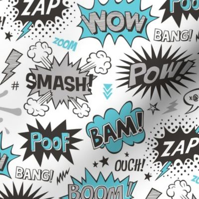 Superhero Comic Pop art Speech Bubbles Words Blue