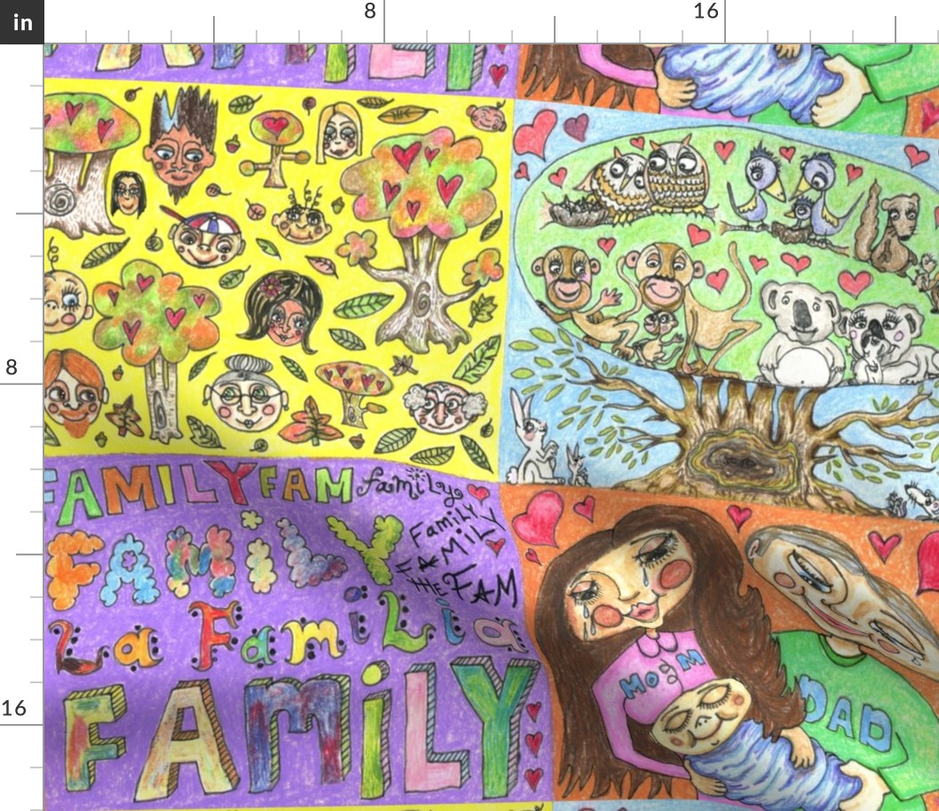 Family Tree Design, large scale, yellow purple orange blue colorful rainbow