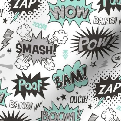 Superhero Comic Pop art Speech Bubbles Words Mint Green
