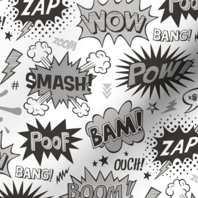 Superhero Comic Pop art Speech Bubbles Words Black & White Grey