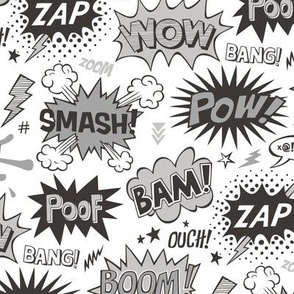Superhero Comic Pop art Speech Bubbles Words Black & White Grey