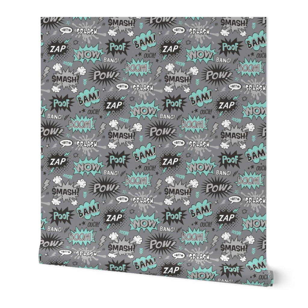 Superhero Comic Pop art Speech Bubbles Words Mint Green on Grey