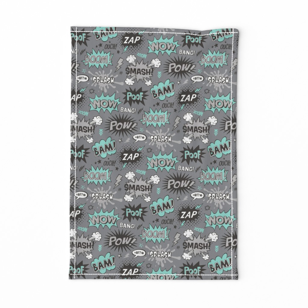 Superhero Comic Pop art Speech Bubbles Words Mint Green on Grey