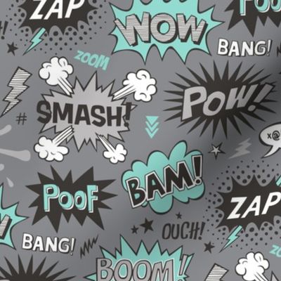 Superhero Comic Pop art Speech Bubbles Words Mint Green on Grey