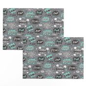 Superhero Comic Pop art Speech Bubbles Words Mint Green on Grey