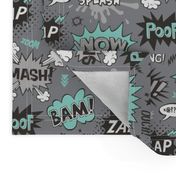 Superhero Comic Pop art Speech Bubbles Words Mint Green on Grey