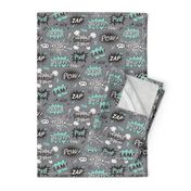 Superhero Comic Pop art Speech Bubbles Words Mint Green on Grey