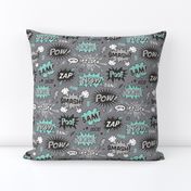 Superhero Comic Pop art Speech Bubbles Words Mint Green on Grey