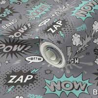 Superhero Comic Pop art Speech Bubbles Words Mint Green on Grey