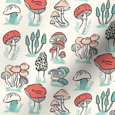 mushrooms // mushroom linocut block print woodland forest toadstools