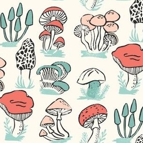 mushrooms // mushroom linocut block print woodland forest toadstools