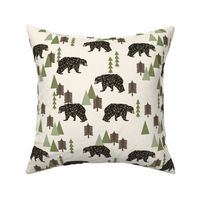 camping bear // avocado green cream vintage camping cute bear trees forest woodland