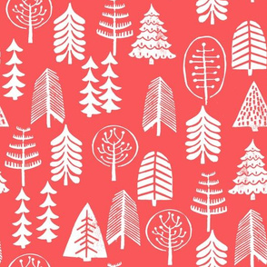 christmas trees // red christmas trees forest woodland tree linocut stamps block prints