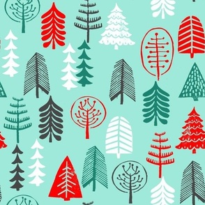 christmas tree // christmas trees forest woodland green and red block print linocut hand made hand-drawn christmas holiday