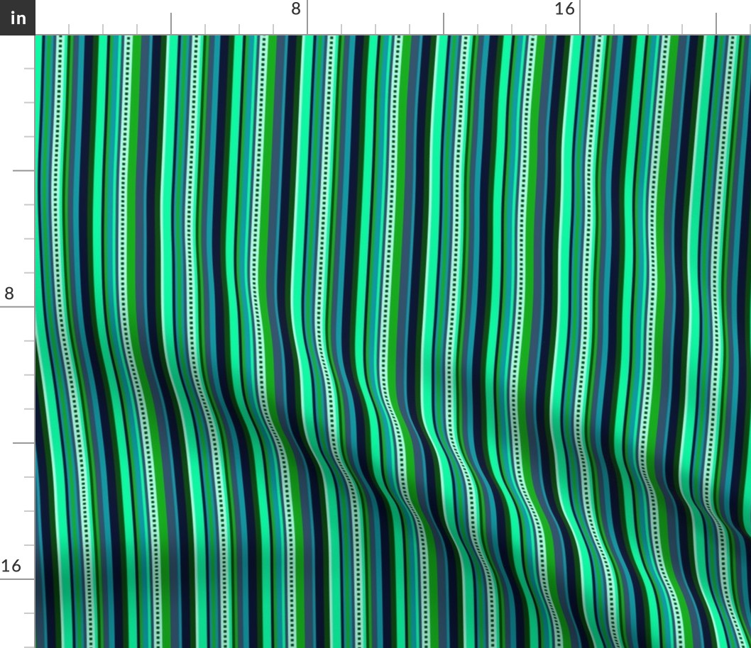 BN6 - Narrow Hybrid  Variegated Stripes  in Light Green - Teal - Navy Blue 