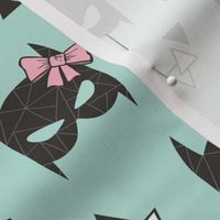 Girly Geometric Bat Mask with Pink Bow on Mint Green