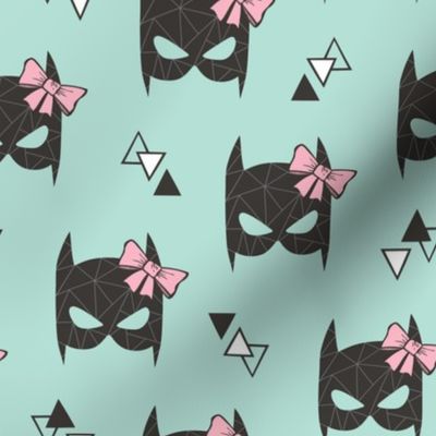 Girly Geometric Bat Mask with Pink Bow on Mint Green