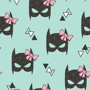 Girly Geometric Bat Mask with Pink Bow on Mint Green