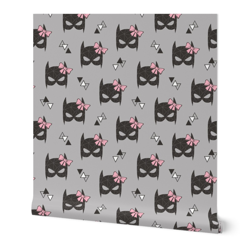 Girly Geometric Bat Mask with Pink Bow on Grey