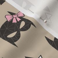 Girly Geometric Bat Mask with Pink Bow on Almond