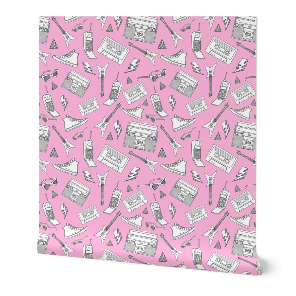 90s Life // 90s Style Illustrations on Fabric, Wallpaper & Gift Wrap // Black and White Illustrations on Pink