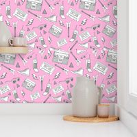 90s Life // 90s Style Illustrations on Fabric, Wallpaper & Gift Wrap // Black and White Illustrations on Pink