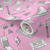 90s Life // 90s Style Illustrations on Fabric, Wallpaper & Gift Wrap // Black and White Illustrations on Pink