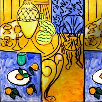 abstract still life tables chairs furniture pots cups fruits oranges water melons lemons vases  tangerines  