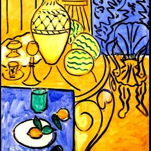 abstract still life tables chairs furniture pots cups fruits oranges water melons lemons vases  tangerines  