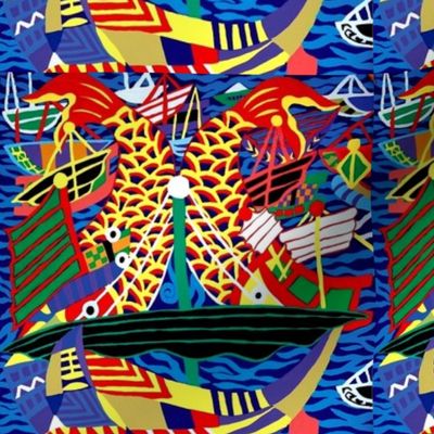 ships nautical transportation sea ocean sailing boats waves fishes koi carps abstract colorful 