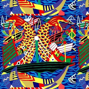 ships nautical transportation sea ocean sailing boats waves fishes koi carps abstract colorful 