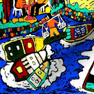 abstract fisherman villages nautical boats yachts carps koi fishes houses towns trees rivers lakes oceans seas traditional