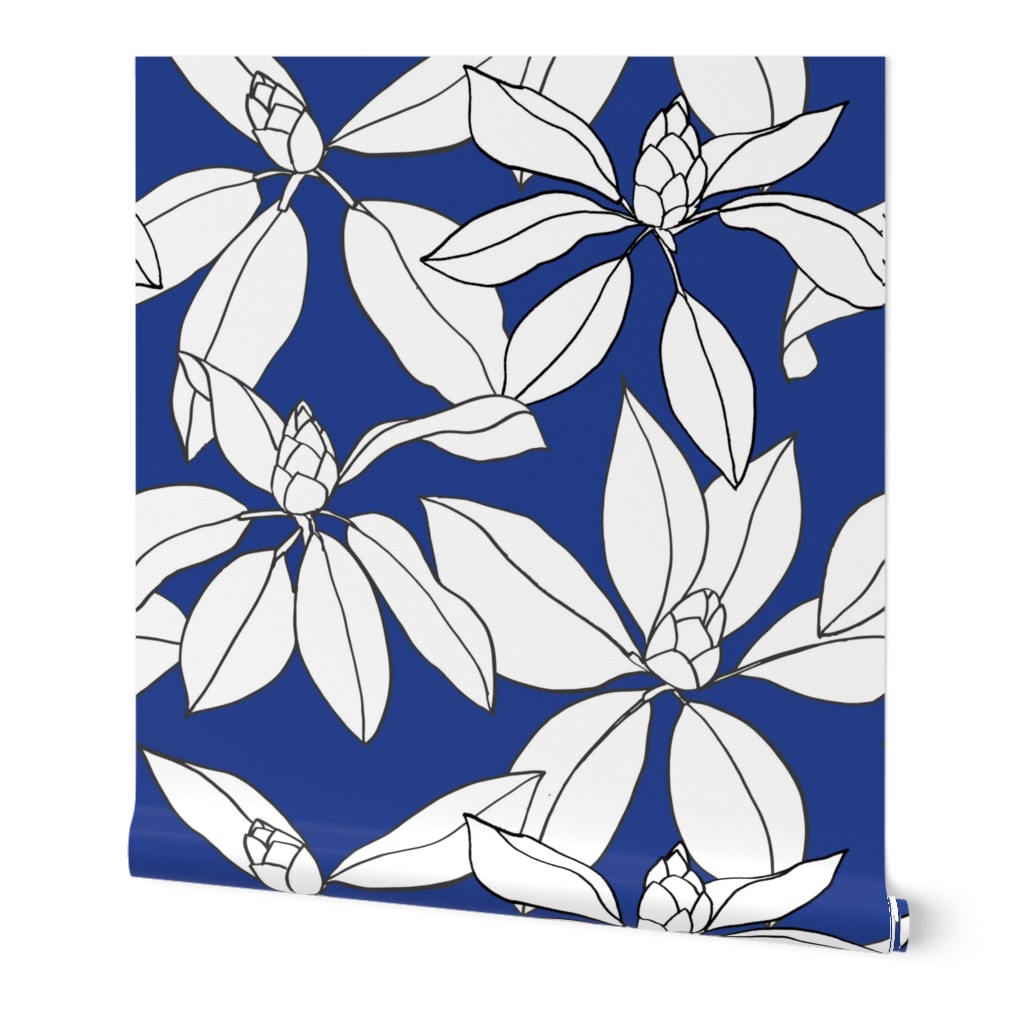 Rhododendrons drawing, White on Royal Blue
