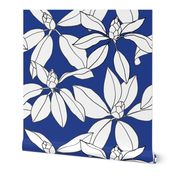 Rhododendrons drawing, White on Royal Blue