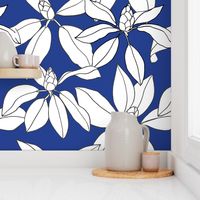 Rhododendrons drawing, White on Royal Blue