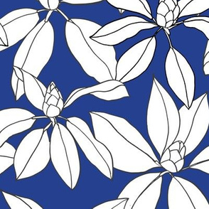 Rhododendrons drawing, White on Royal Blue