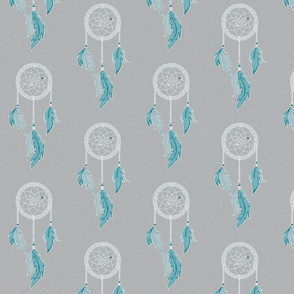 Dream Catchers - Sky - Teal, white on grey- textured