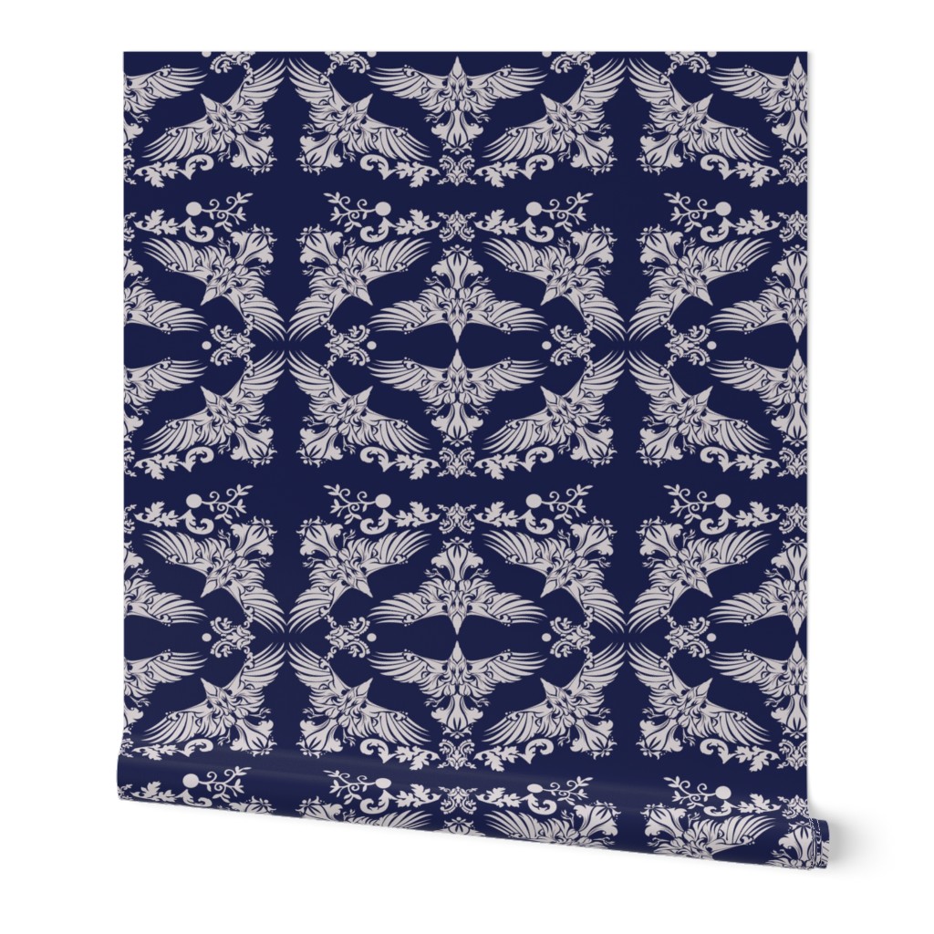   Raven Damask Silver on Blue 5inch