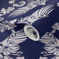   Raven Damask Silver on Blue 5inch