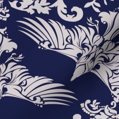   Raven Damask Silver on Blue 5inch